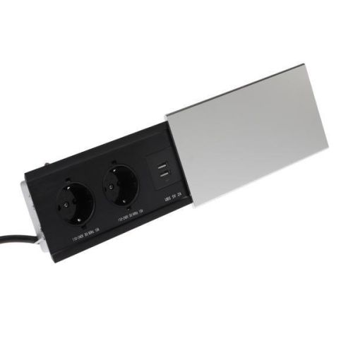 Блок розеточный в стол, сдвижная крышка, 10А, 2 розетки, 2xUSB, 2A, провод 1.8 м, черный