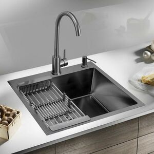 Мойка черная РМС MR-6050BL Набор 3 в 1 кухонная мойка+ корзина раздвижная+ дозатор врезной