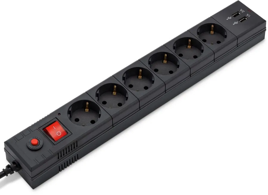 Сетевой фильтр BURO Сетевой фильтр, 6 розеток, 5 метров, (BU-SP5_USB_2A-B) черный {992320}