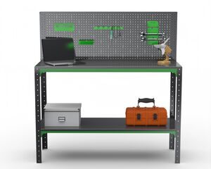 Стол-верстак Metalex серия KIT 950х1200х600 (одна полка) + перфопанель, серо-зеленый