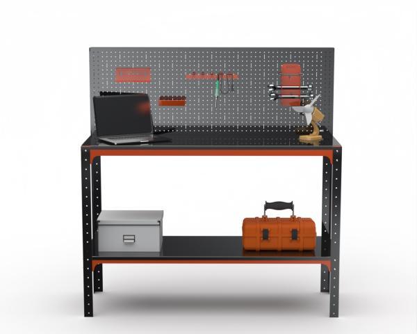 Стол-верстак Metalex серия KIT 950х1800х600 (одна полка) + перфопанель, оранжево-черный